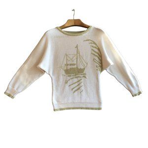 Vintage White & Olive boat sweater Hand Knit women